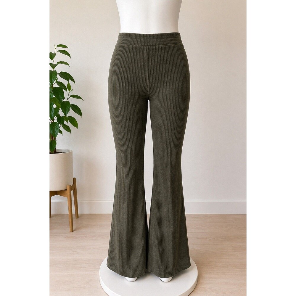 Aerie Womens Small Ribbed Flare Pants Olive Green High Rise Yoga Lounge